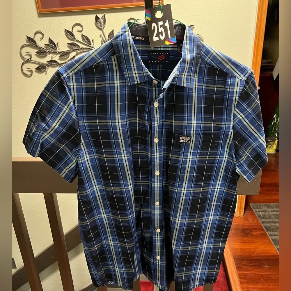 NWOT Perry Ellis America Blue Plaid Men's Shirt Med. # 251